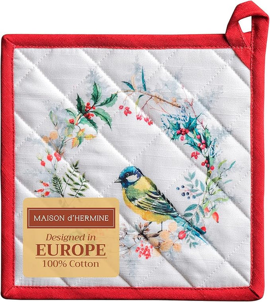 Maison d' Hermine Pot Holders 100% Cotton Heat Resistant Potholders 8" x 8" Hot Pads with Loop BBQ, Cooking, Baking, Grilling, Kitchen, Handling Hot Pans (Pack of 1, Morzine)