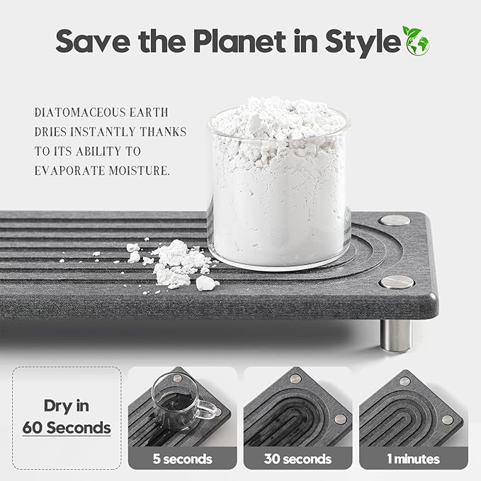 Water Absorbing Stone Sink Caddy Kitchen Sink Organizer Tray, Diatomite Bathroom Counter Tray, Faucet Drying Mat Coaster Soap Dish Rack Riser Dispenser Sponge Holder, Charcoal 10" x 4"