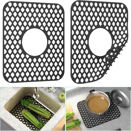 TOOVEM Kitchen Sink Mats, 2PCS Non-Slip Heat Resistant Silicone Sink Protector Mat, Folding Farmhouse Sink Mats, Center Drain, Black