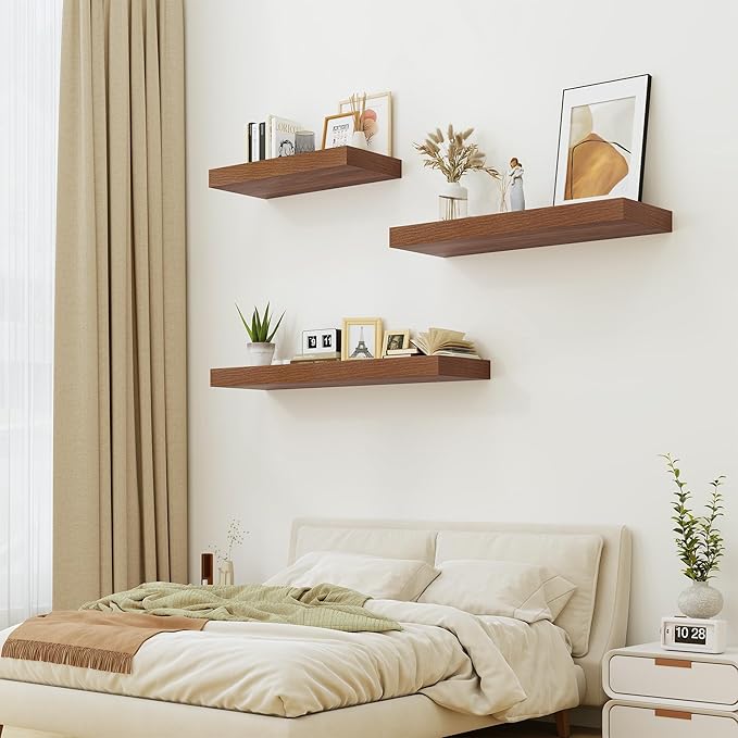 12" Deep Walnut Floating Shelves,Over Toilet Long Wall Mounted Modern Farmhouse 36 inches,Wall Shelves with Invisible Brackets for Bedroom, Bathroom, Living Room, Kitchen, Set of 1