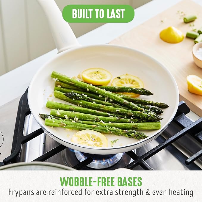 GreenLife Soft Grip 16 Piece Cookware Set, Non-Toxic PFAS-Free Ceramic Nonstick, Frying, Sauce, Saute, Utensils, Glass Lids, Stay-Cool Handles, Wobble Free, Dishwasher & Oven Safe, Cream