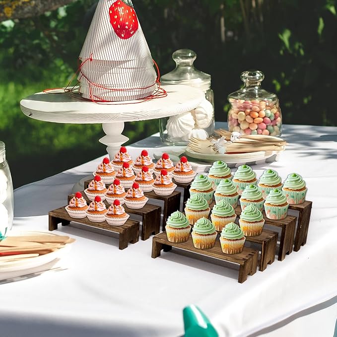 Large Display Wood Risers Wooden Stand 8 Tier Wood Racks Decorative Rectangular, 2 Set 8 Pieces Cupcake Stands Cologne Perfume Organizer Showcase Items(Brown)