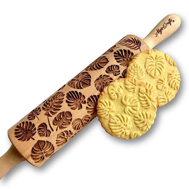 Embossing Rolling Pin MONSTERA with Tropical Pattern. Dough roller for embossed cookies and Pottery by Algis Crafts