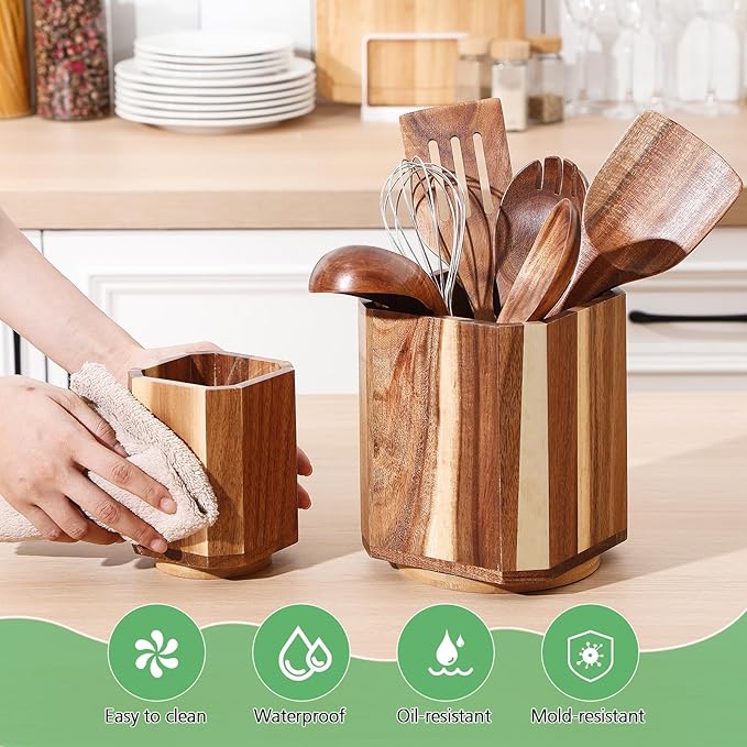 2 Pack Wooden Utensil Holder, 360°Rotating Kitchen Cooking Utensil Crock, Spoon Spatula Holder for Kitchen Counter, Farmhouse Countertop Organizer(Acacia,Square)