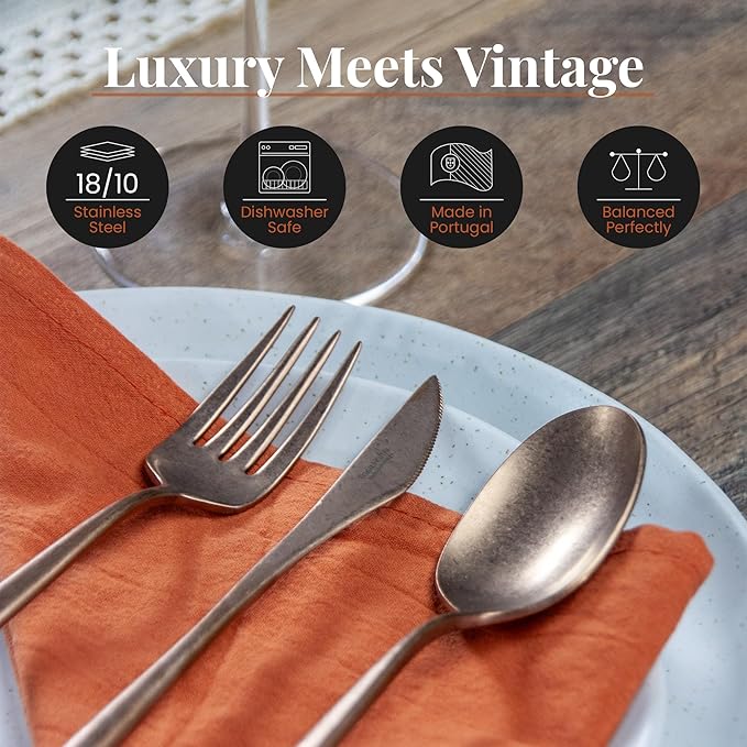 Luxury Vintage Flatware 20-Piece Set – Service for 4, Premium Stainless Steel with Weighted Handles, Aged Heirloom Finish, Dishwasher Safe, Elegant and Modern Cutlery (Vintage Copper)