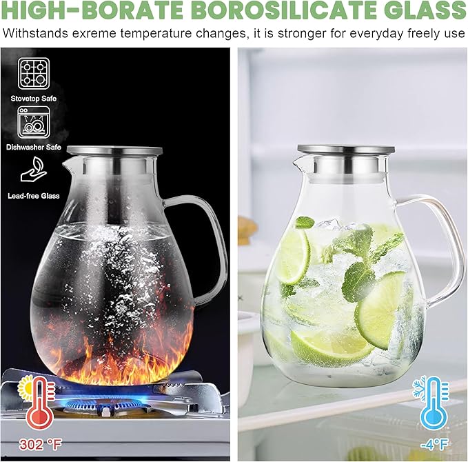 SUSTEAS 2.2 Liter 75oz Glass Pitcher, Water Pitcher with Lid And Wide Handle, Easy Clean Juice Jug for Fridge, Beverage Carafe for Cold/Hot Water, Iced Tea, 1 Long-Handled Brush Included
