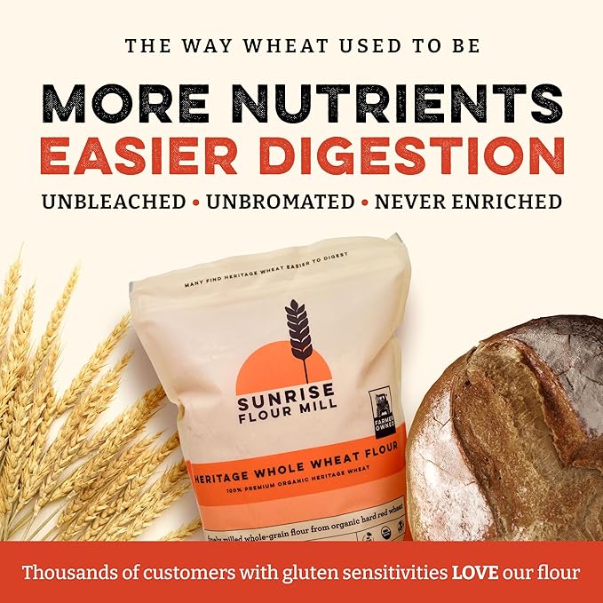 Sunrise Flour Mill Organic Heritage Whole Wheat Flour - 2 lbs | Easier to Digest with Less Bloating | No Bleaching or Bromating | Zero Additives