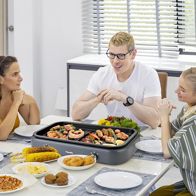 Pukomc Electric Indoor Grill,1500W,Non-Stick Cooking,Adjustable Dual Cooking Zones with,indoor grills electric smokelessSafe for Family, Party, Kitchen Use,gray