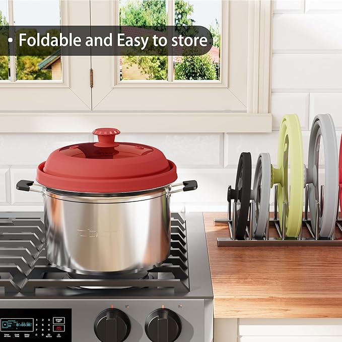 Collapsible Microwave Splatter Cover - Vented Silicone & Glass Lid with Easy-Grip Handle, Fits 6 to 11 Inch Plates & Bowls, 11.8 Inch Diameter, Prevents Splatters & Ensures Even Heating