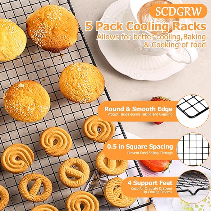 5PCS Cooling Racks for Cooking and Baking - 10" x 16" Wire Rack Baking Rack, Oven Cooking Rack, Heavy Duty Baking Rack for Grilling. Roasting, Cooking, Drying