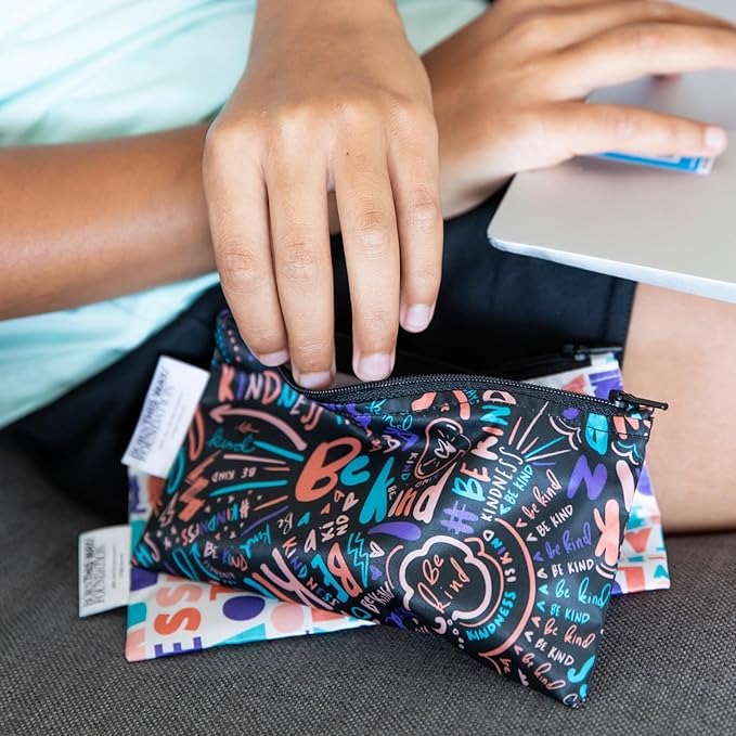 Bumkins - Cloth Snack & Sandwich Bags - For Storage, Travel, Food Prep, Lunch - Reusable, Water Resistant, Washable, Dishwasher Safe - Snack Bags for Kids - Zipper Closure - BTWF Kindness - 4 Pack