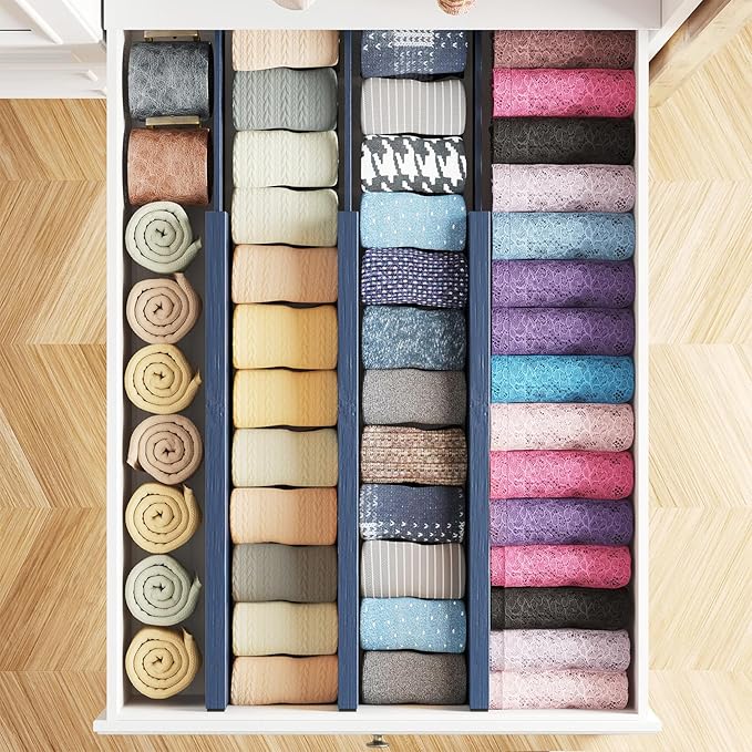 SpaceAid Bamboo Dresser Drawer Dividers 6 Pack, 4.65“ High Adjustable 17“-22” Drawer Organizers, Expandable Organization for Clothing, Clothes, Dressers, Navy Blue