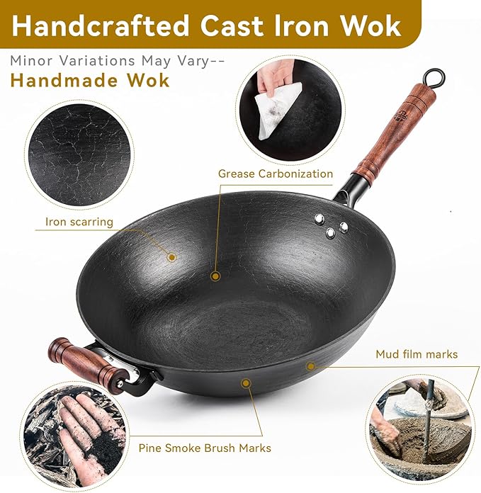 WANGYUANJI Cast Iron Wok Pan 12 inch Flat Bottom with Wooden Handle and Lid, Large Wok Stir Fry Pan Suitable for All Cooktops, Chinese wok with Free Dishcloth and Brush