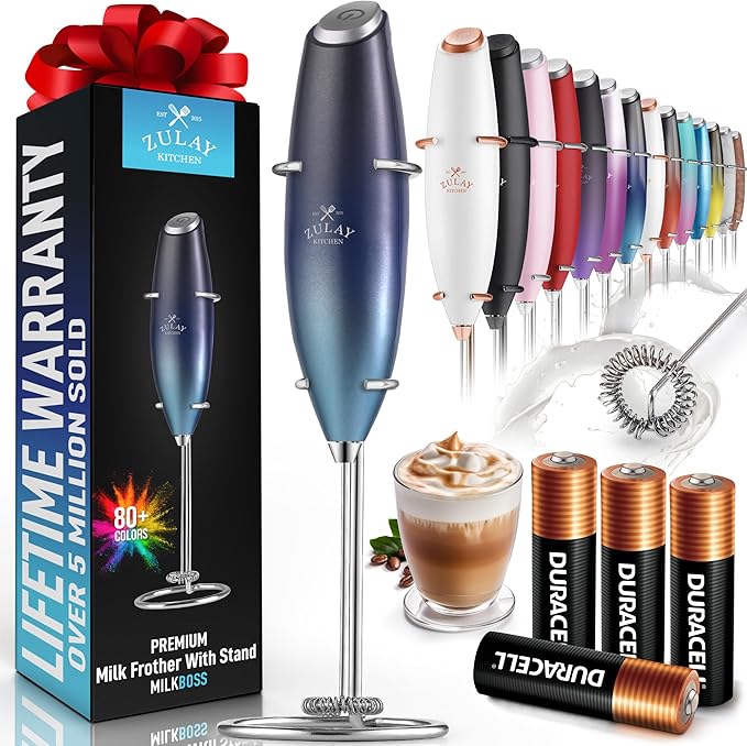 Zulay Kitchen Powerful Milk Frother Wand With 4 AA Duracell Batteries - Ultra Fast Handheld Drink Mixer - Electric Whisk Foam Maker for Coffee, Lattes, Cappuccino, Matcha & Creamer -