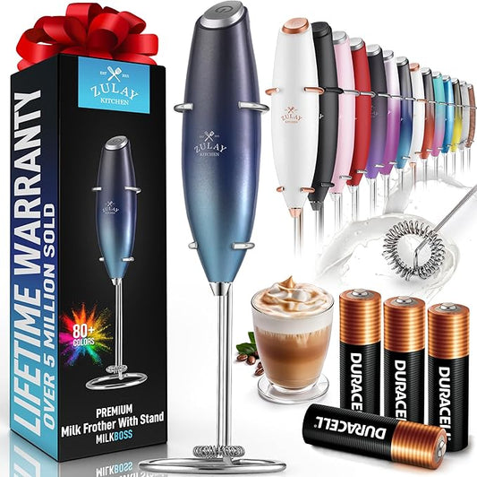 Zulay Kitchen Powerful Milk Frother Wand With 4 AA Duracell Batteries - Ultra Fast Handheld Drink Mixer - Electric Whisk Foam Maker for Coffee, Lattes, Cappuccino, Matcha & Creamer -