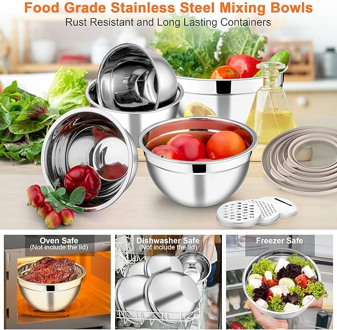 E-far Mixing Bowls Set of 5, Stainless Steel Salad Mixing Bowl with Transparent Lid, Metal Nesting Bowl Attach with 3 Graters for Kitchen Prepping/Serving/Baking/Storage, 4.6/2.6/1.5/1/0.7 QT - Khaki