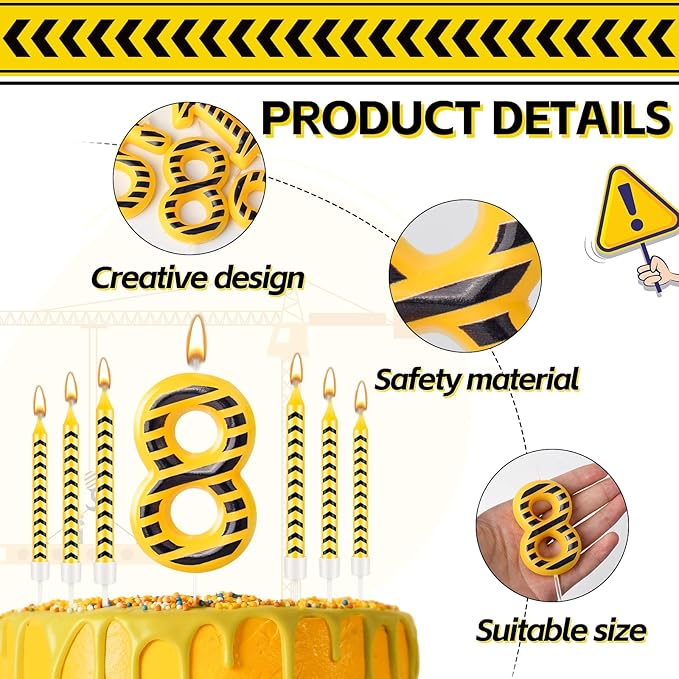 13 Pcs Construction Themed Birthday Candles Set Yellow and Black Number 8 Candle Cake Topper for Construction Party Decoration Supplies (Number 8)
