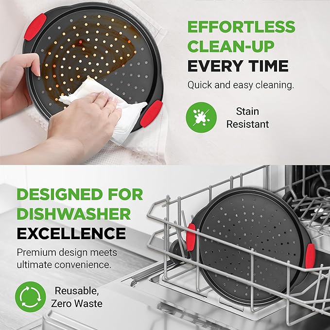 NutriChef 13-Inch Nonstick Pizza Tray - Round Carbon Steel Non-Stick Pizza Baking Pan with Perforated Holes, Premium Bakeware Pizza Screen with Silicone Grip Handles, Dishwasher Safe - NCBPIZ1