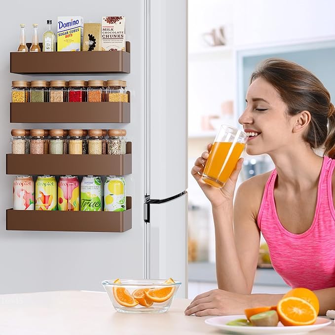Magnetic Spice Rack for Refrigerator, Kitchen Organizer and Storage Shelf, Brown(4 Pack)…
