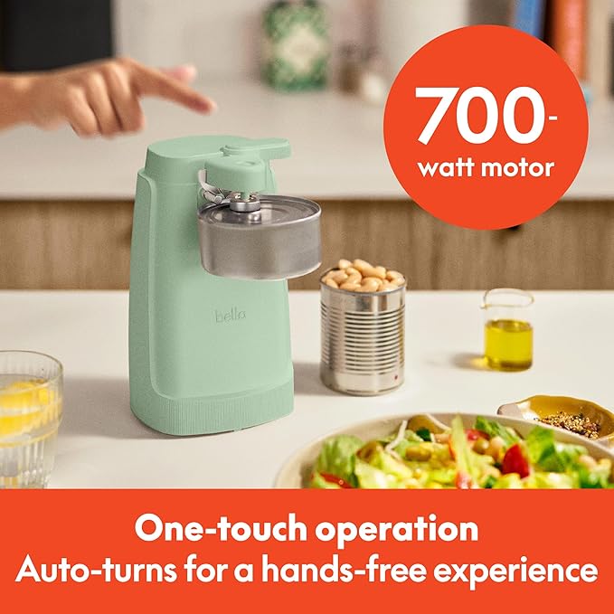 bella Electric Can Opener and Knife Sharpener, Multifunctional Jar and Bottle Opener with Removable Cutting Lever and Cord Storage, Stainless Steel Blade, Seaglass