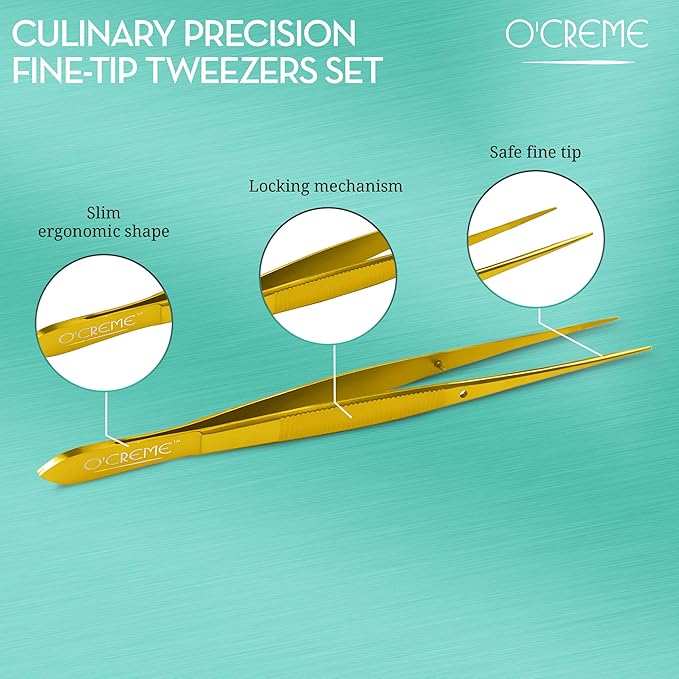 O'Creme Stainless Steel Precision Kitchen Tweezer Tongs 6.25" with Fine Tip (Gold)