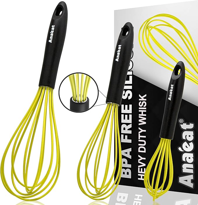 Anaeat Silicone Whisk, Thick Stainless Steel Wire Inner Heat Resistant - Kitchen Whisks for Non-Stick Cookware, Balloon Egg Beater for Whisking, Blending, Beating, Frothing & Stirring (Yellow)