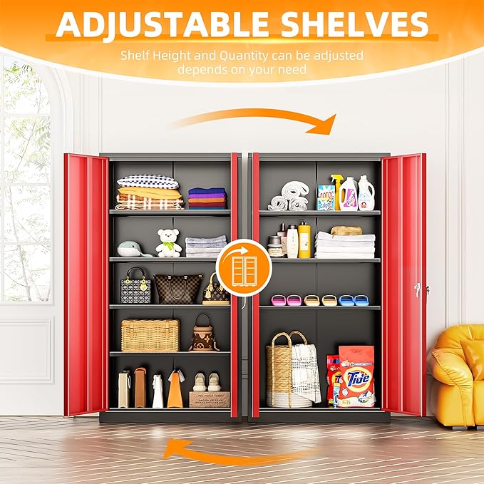 INTERGREAT Storage Cabinet, 72” Steel Locking Closet with Doors and 4 Adjustable Shelves, Tool Unit for Home Office, Garage & Tall Lockable File Cabinet, Black Red.