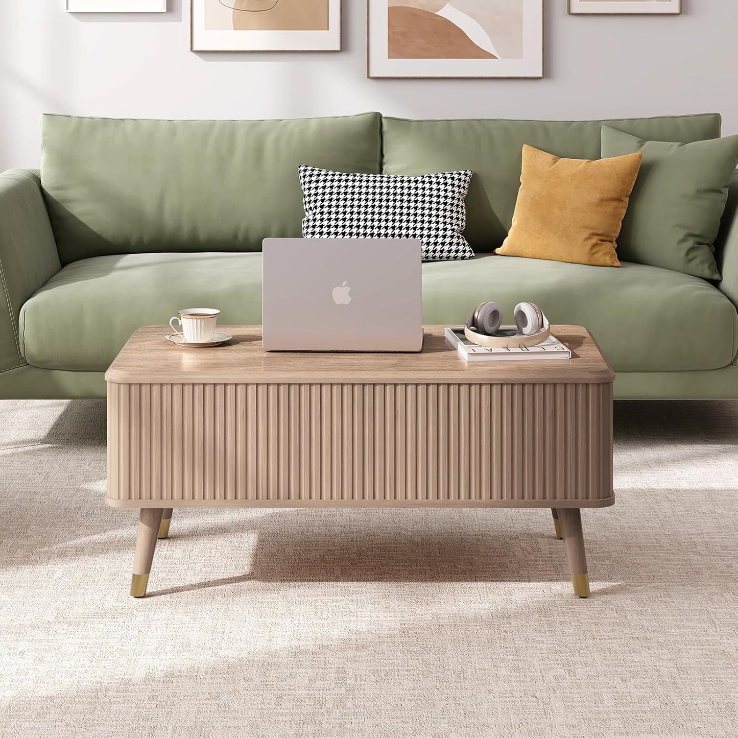 Lift Top Coffee Table, Mid Century Modern Coffee Table with Hidden Storage Compartment, 38" Fluted Center Table for Living Room, Home Office, Natural Oak