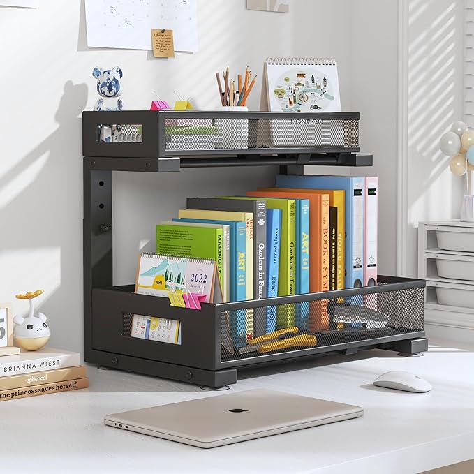 1 Pack-11.4"-16.14"H Under Sink Storage Organizer, Large 2-Tier Elegant Mesh Pull Out Shelf for Kitchen and Bathroom Cabinet Organization, L-Shaped and Adjustable Height Design for Maximum Space-Black