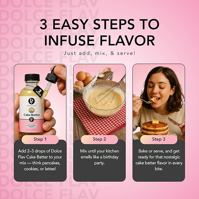 Dolce Flav Natural Cake Batter Extract – 2 Ounce Water-Soluble Kosher, Sugar-Free, Concentrated Birthday Cake Flavor for Frosting, Cupcakes & Ice Cream, Includes Measured Dropper