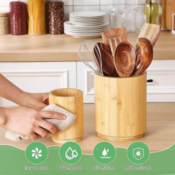 2 Pack Wooden Utensil Holder, 360°Rotating Kitchen Cooking Utensil Crock, Spoon Spatula Holder for Kitchen Counter, Farmhouse Countertop Organizer(Bamboo,Round)