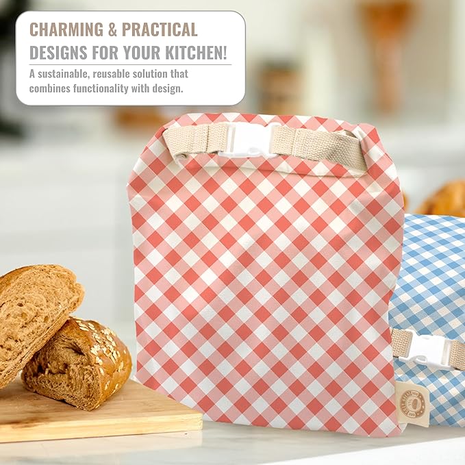 Cozy Bread® Reusable Bread Bag Set for Home Bakers | USA Brand | Charming Designs (Gingham)