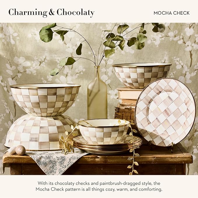 MACKENZIE-CHILDS Enamel Salad Serving Set, Enamel Bowl and Wooden Salad Servers, Decorative Kitchen Set, Brown-and-White Mocha Check