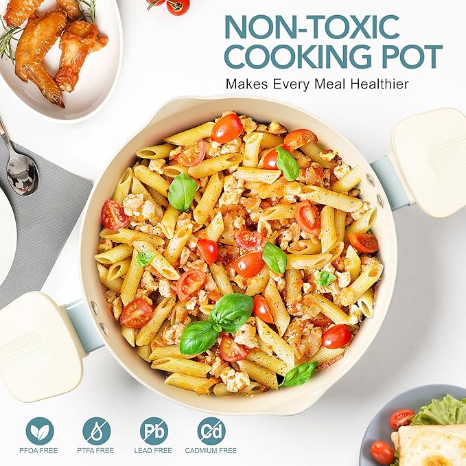 MICHELANGELO Pasta Pot with Strainer Lid - 6 Quart Cooking Pot with Lid, Non Stick Spaghetti Pot Ceramic Coated with Twist and Lock Handles for Easy Draining, Induction Compatible, Soft Aqua