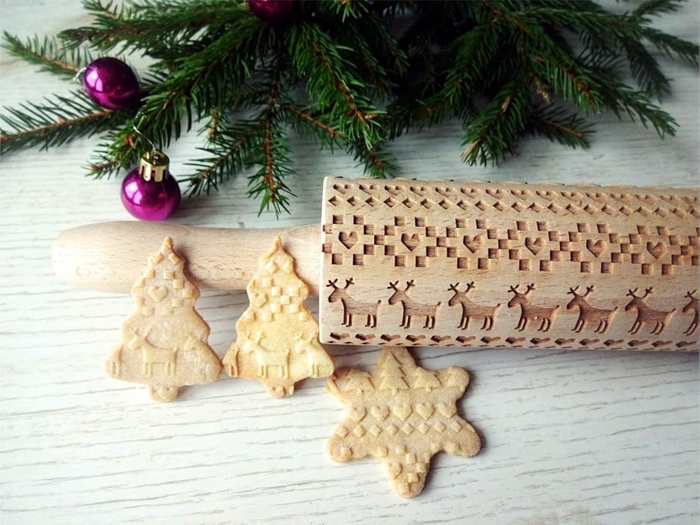 SCANDINAVIAN CHRISTMAS Embossing Rolling Pin Embossing Rolling Pin With Christmas Tree Deer Heart Gingerbread Cookies