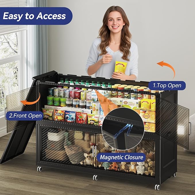 320GAL Extra Large Storage Bins with Lid, 1280QT Plastic Stackable Storage Bins with 6x Wheels, Collapsible Closet Organizer and Storage Drawer Cabinet for Living Room Office Dorm, 4Pack Black