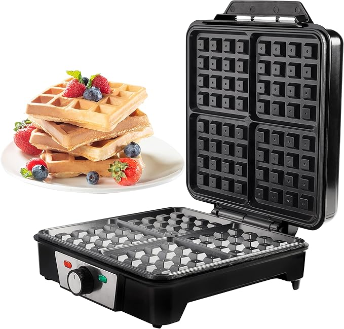 CucinaPro Four Square Belgian Waffle Maker, Extra Large Stainless Steel Kitchen Appliance w Nonstick Waffler Iron Plates Makes 4 Fluffy Waffles, Great Griddle for Family Breakfast or Housewarming Gift