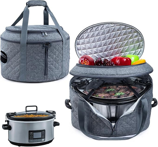 BAGSPRITE Double-layer Slow Cooker Carrying Case Compatible with 6-8 Quart Crockpot Carrier for Hot Food and Hamlton Beach Slow Cooker Tote with Lid Fastener for Crock-pot Dust Cover Applicances