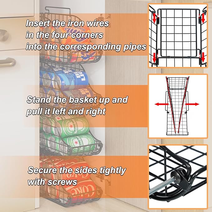 4-Pack Stackable Canned Food Organizer with Handles for Kitchen, Soda Can Organizer for Pantry Shelves, Wire Cabinet Shelf for Can Storage, Foldable Soda Dispenser, Patent Pending, Black