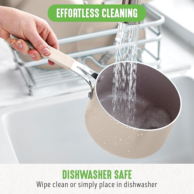 GreenLife 2 Quart Nonstick Saucepan with Lid, Lightweight Healthy PFAS-Free Milk Pan, Dishwasher & Oven Safe Soup Pan, Durable Body, Silicone Stay-Cool Handle, Easy Release Chef’s Pan, Taupe