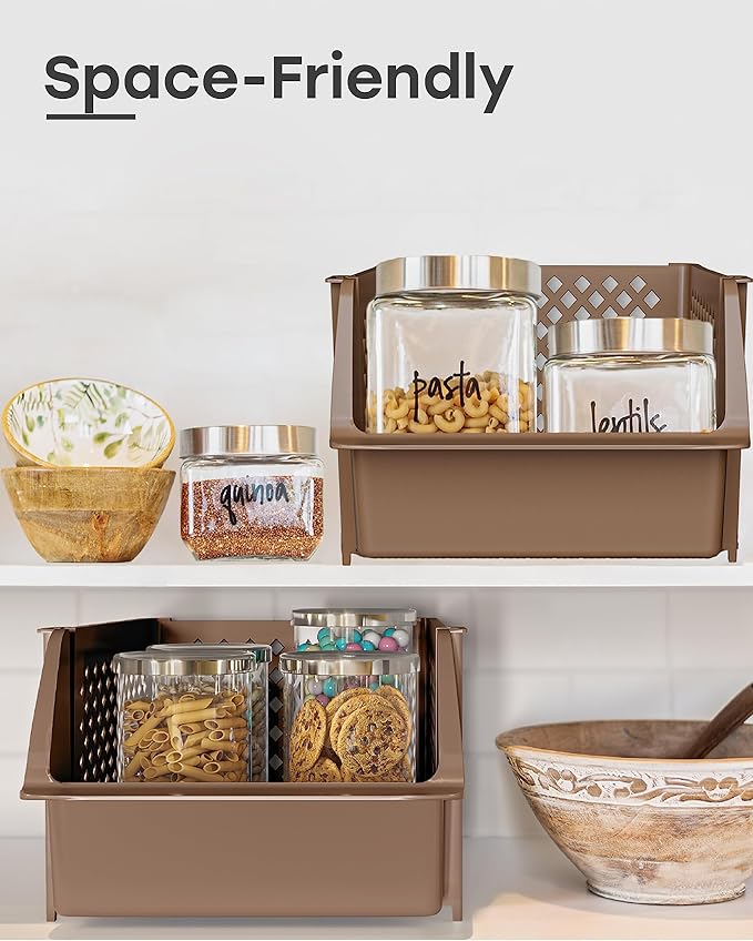 TidyFriend Stackable Storage Bins for Pantry - 4 Pack Medium Stackable Bins For Organizing Food, Kitchen, and Bathroom Essentials (Brown)