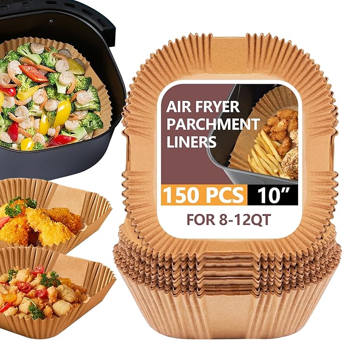 UBeesize 10 Inch Air Fryer Paper Liners,150 PCS Parchment Paper, Air Fryer Disposable Paper Liner for Microwave, Non-Stick Air Fryer Liners Square Free of Bleach （Bottom size 9 Inch）