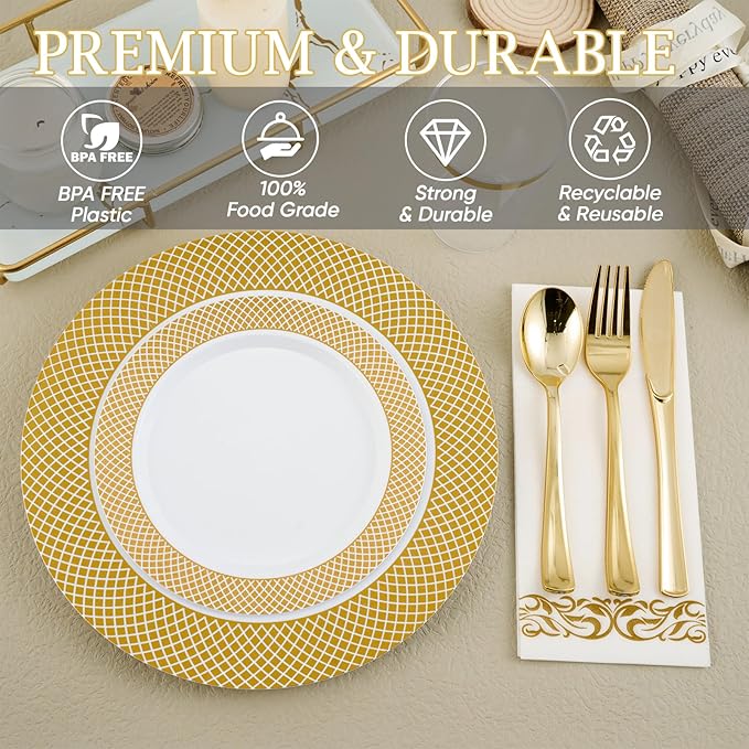 FOCUSLINE 175 Count Gold Dinnerware Set for 25 Guests - Disposable Plastic Plates with Gold Grid, Includes 25 Dinner & Salad Plates, Cups, Napkins, Cutlery Set for Wedding Parties