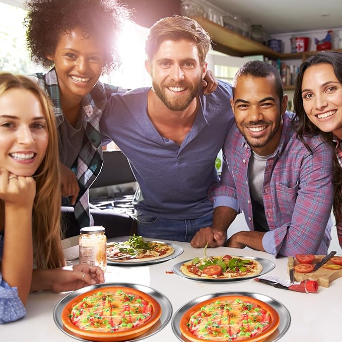 Thenshop 8 Pieces 8 Inch Pizza Pans Bulk Stainless Steel Sets Round Bakeware Pizza Trays for Oven Kitchen Baking Home Restaurant Picnics Holiday Activities Safe Sturdy Reusable Easy Clean(Silver)