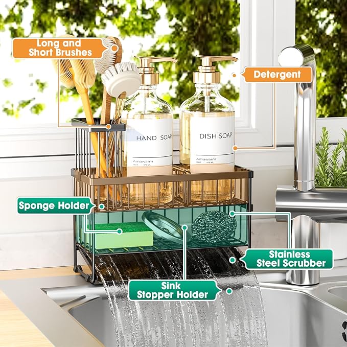 Sponge Holder for Kitchen Sink, 2 Tier Sink Caddy Organizer with High Brush Holder, Self-Draining Sponge Holder for Sinks, Soap Dispenser Organizer, Rustproof 304 Stainless Steel, Black