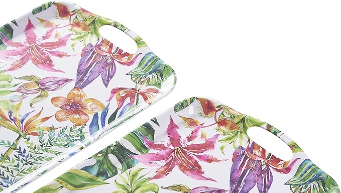 Blue Boat 16.5" x 11.5" Rectangular Serving Trays Set of 2 Floral, Light Weight Easy to Clean Sturdy Stackable Melamine Serving Tray with Handle, Fruit, Snacks, and Desserts Trays