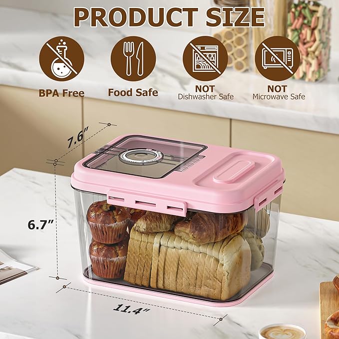 Bread Box, Airtight Braed Storage Container, Bread Box For Kitchen Countertop, Time Recording Bread Storage with Lid, Flip-Top Bread Keeper, Pink