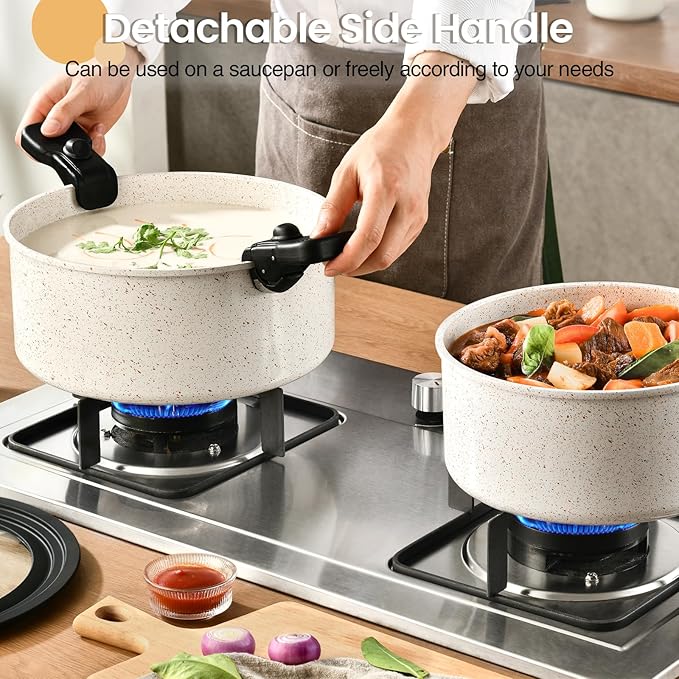 23 Pcs Nonstick Pots and Pans Set with 4 Detachable Handle, Ceramic Cookware Set Non Toxic, Induction Dishwasher Oven Safe Cookware Set, RV Kicthen Set Removable Handle, White Granite
