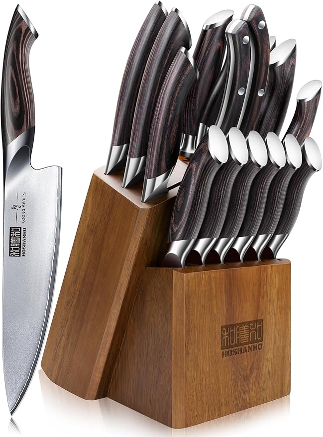 16-Piece Knife Set, Japanese High Carbon Stainless Steel Kitchen Knife Set, Ultra Sharp Chef Knife Block Set with Sharpener