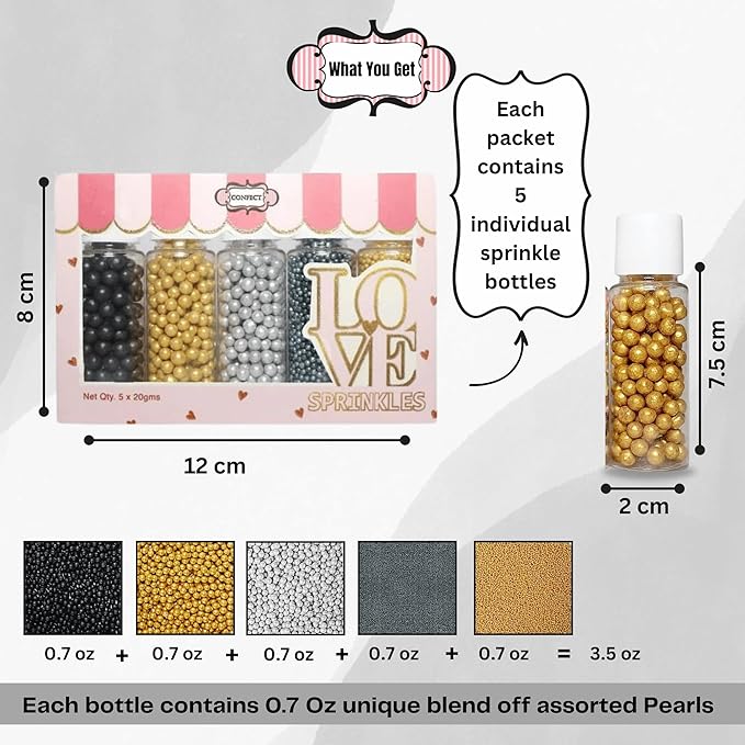 Confect Edible Galaxy Sprinkles | Sprinkles for Cakes & Cupcakes Decoration | pack of 5 Mix Black, Champagne Gold, Sliver, Grey & Golden Pearl | Vegan, Gluten-Free, Nut-Free, Soy-Free, Dairy-Free, Palm Oil-Free- 5 Oz